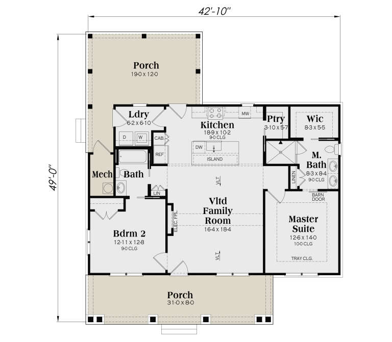 Main Floor: 2BR, 2BA, Vltd Family, Kitchen, Pantry, Ldry, Mech, 2 Porches, Elec Fpl. Tray ceiling in Master, WIC. House Plan # 009-00525 Main Floor Floor Plan Drawing by America's Best House Plans, Inc.