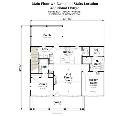 Main Floor w/ Basement Stairs Location: 2BR, 2BA, Vltd Family, Kitchen, Ldry, 2 Porches, Elec Fpl, WIC, Tray Master Ceiling. House Plan # 009-00525 Main Floor w/ Basement Stairs Location Floor Plan Drawing by America's Best House Plans, Inc.