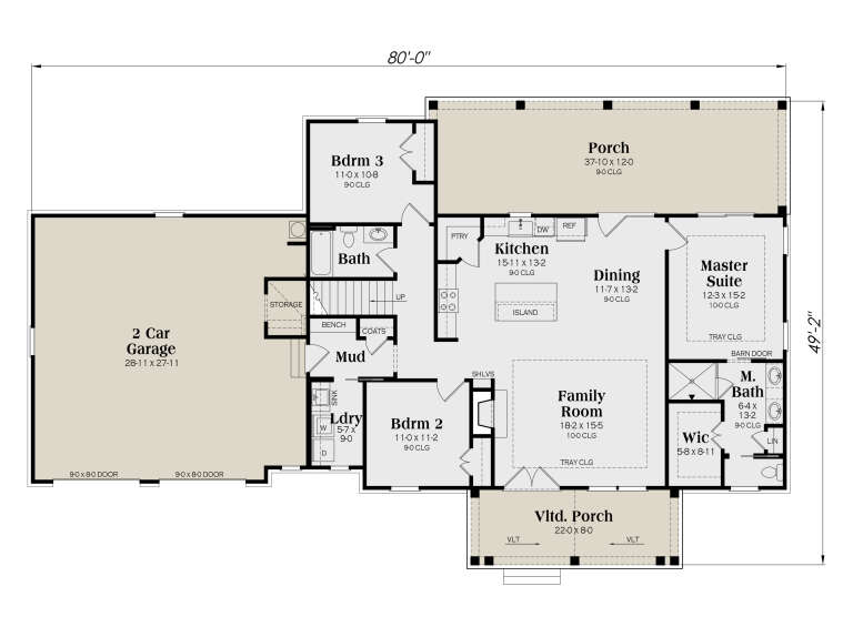 Main Floor: 3BR, 2BA, Kitchen, Dining, Family, Mud, Ldry, 2-car garage, 2 porches, WIC. Tray/vaulted ceilings, stairs. House Plan # 009-00526 Main Floor  Floor Plan Drawing by America's Best House Plans, Inc.