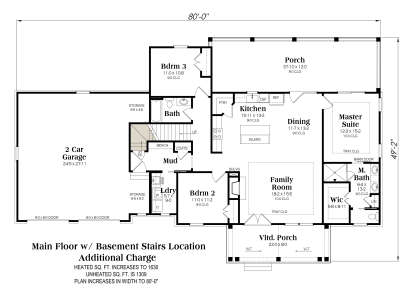 Main Floor w/ Basement Stairs: 3BR, 2BA, Kitchen, Dining, Family, Mud, Ldry, 2-car garage, 2 Porches, WIC, Tray/Vlt ceilings. House Plan # 009-00526 Main Floor w/ Basement Stairs Location Floor Plan Drawing by America's Best House Plans, Inc.