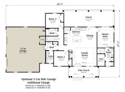 Main Floor w/ Optional 3 Car Garage: 3BR, 2BA, Kitchen, Dining, Family, Ldry, Mud, 3-car garage, 2 Porches, WIC, Tray/Vlt Clg. House Plan # 009-00526 Main Floor w/ Optional 3 Car Garage Floor Plan Drawing by America's Best House Plans, Inc.