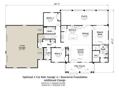 2BR, 2BA, Kitchen, Dining, Family, Mud, Ldry, 3-car garage, 2 Porches, WIC. Tray ceilings, vaulted porch, stairs, storage. House Plan # 009-00526 Basement Foundation w/ Optional 3 Car Garage Floor Plan Drawing by America's Best House Plans, Inc.