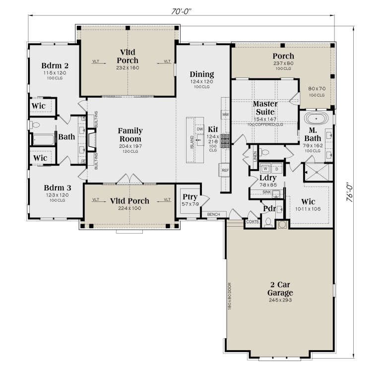 Main Floor: 3BR, 2.5BA, Family, Kit, Dining, Ptry, Ldry, 2-car garage, 2 Vltd Porches, 3 WIC, Coffered Master ceiling. House Plan # 009-00527 Main Floor  Floor Plan Drawing by America's Best House Plans, Inc.