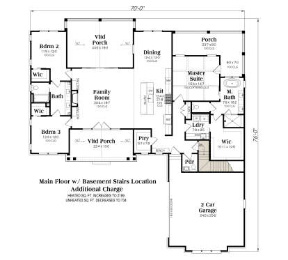 Main Floor w/ Basement Stairs: 3BR, 2.5BA, Family, Kit, Dining, Ptry, Ldry, 2-car garage, 2 Vltd Porches, 1 Porch, 3 WIC. House Plan # 009-00527 Main Floor w/ Basement Stairs Location Floor Plan Drawing by America's Best House Plans, Inc.