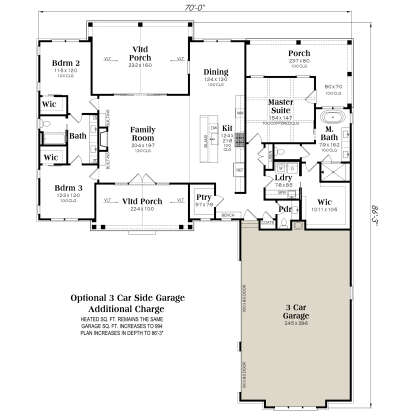 Main Floor w/ Optional 3 Car Garage: 3BR, 2.5BA, Family, Dining, Kit, Pantry, Ldry, 3 WIC, 2 Vltd Porches, Coffered Master. House Plan # 009-00527 Main Floor w/ Optional 3 Car Garage Floor Plan Drawing by America's Best House Plans, Inc.