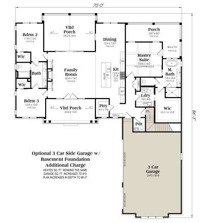 3BR, 2.5BA, Family, Kit, Dining, Ptry, Ldry. 3-car garage, 2 Vltd Porches, 3 WIC. Coffered Master, Basement Foundation. House Plan # 009-00527 Basement Foundation w/ Optional 3 Car Garage Floor Plan Drawing by America's Best House Plans, Inc.