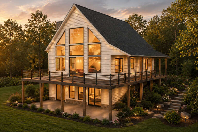 White Contemporary, Angled Front Elevation at dusk, horizontal siding, expansive glass, wrap-around deck, stone base, lit. House Plan # 1958-00075 Digital Rendering by America's Best House Plans, Inc.