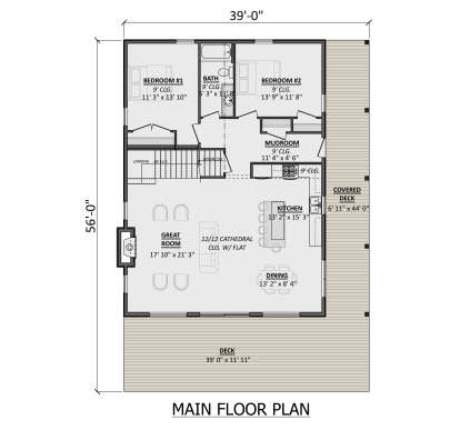 Main Floor: 2BR, 1BA, Great Room, Kitchen, Dining, Mudroom. Cathedral ceiling, fireplace, stairs, covered deck, large deck. House Plan # 1958-00075 Main Floor  Floor Plan Drawing by America's Best House Plans, Inc.