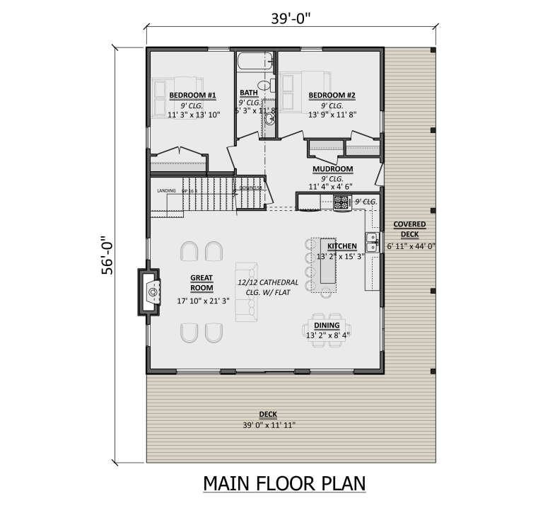 Main Floor: 2BR, 1BA, Great Room, Kitchen, Dining, Mudroom. Cathedral ceiling, fireplace, stairs, covered deck, large deck. House Plan # 1958-00075 Main Floor  Floor Plan Drawing by America's Best House Plans, Inc.