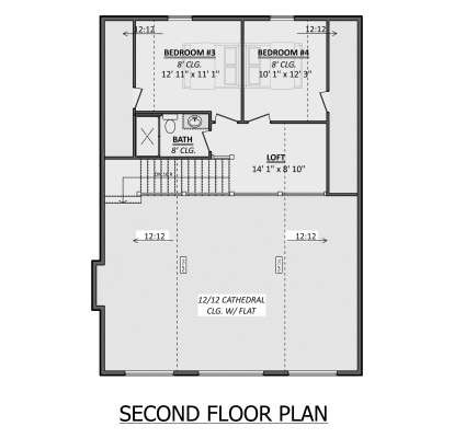 Second Floor: 2BR, 1BA, Loft, stairs. 12/12 cathedral ceiling with flat section. 8' ceilings in bedrooms and bath. House Plan # 1958-00075 Second Floor Floor Plan Drawing by America's Best House Plans, Inc.