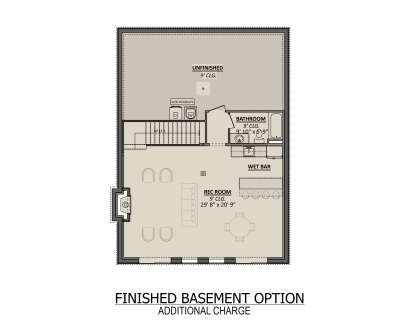 Basement: Rec Room, Wet Bar, 1 BA, stairs, Ldry hookups. 9' ceilings. Large unfinished storage area. House Plan # 1958-00075 Basement Floor Plan Drawing by America's Best House Plans, Inc.
