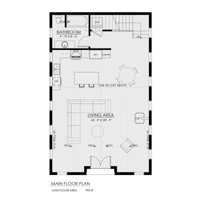 Main Floor: Open Living, Kitchen, Dining, 1 BA, Ldry, Pantry. Vaulted ceiling, fireplace, stairs to loft, 990 sq ft. House Plan # 8937-00128 Main Floor  Floor Plan Drawing by America's Best House Plans, Inc.