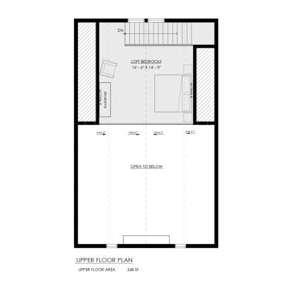 Loft: 1 BR, stairs, open to below, vaulted ceilings. 268 sq ft heated area. House Plan # 8937-00128 Loft Floor Plan Drawing by America's Best House Plans, Inc.
