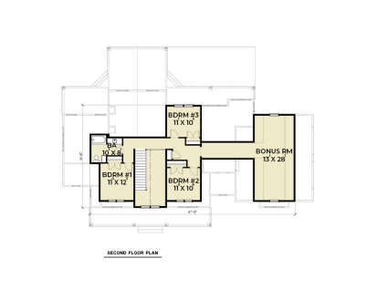 Second Floor: 3BR, 1BA, Bonus Room, stairs, closets. Unheated: surrounding roof/deck areas. House Plan # 2464-00246 Second Floor Floor Plan Drawing by America's Best House Plans, Inc.