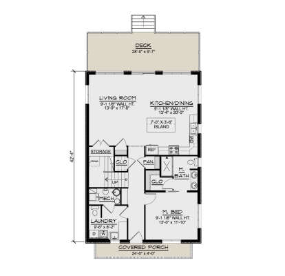 Main Floor: 1BR, 1BA, Living, Kitchen/Dining, Ldry, Mech, Storage, Closets, Stairs, Covered Porch, Deck. Unheated: Porch/Deck. House Plan # 5032-00448 Main Floor  Floor Plan Drawing by America's Best House Plans, Inc.