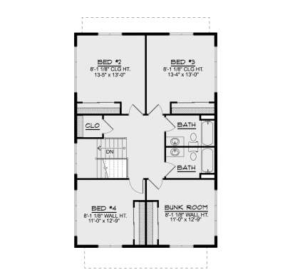 Second Floor: 3 Bed, 1 Bunk Room, 2 Bath, closets, stairs. 8' 1/8" ceiling height throughout. House Plan # 5032-00448 Second Floor Floor Plan Drawing by America's Best House Plans, Inc.