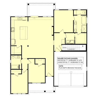Main Floor w/ Basement Stairs: 2BR, 2BA, Kitchen, Living, Dining, Ldry, 2-car garage, Rear Deck, Front Porch, WIC. House Plan # 041-00448 Main Floor w/ Basement Stairs Location Floor Plan Drawing by America's Best House Plans, Inc.