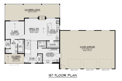 Main Floor: 1BR, 1.5BA, Great Rm, Eat-in Kitchen, Pantry, Ldry/Mud, 3-car garage, Covered Deck, Porch. Sloped ceilings. House Plan # 5032-00450 Main Floor  Floor Plan Drawing by America's Best House Plans, Inc.