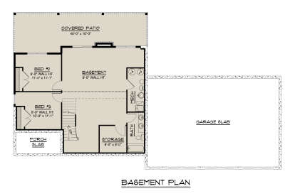 Basement: 2 Bed, 1 Bath, Rec room, Storage, Mech room, Stairs. Covered patio, Porch slab, Garage slab. 9' wall height. House Plan # 5032-00450 Basement Floor Plan Drawing by America's Best House Plans, Inc.