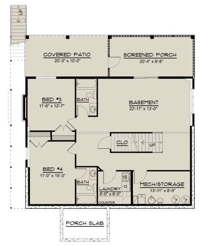 2BR, 2BA, Basement, Ldry, Mech/Storage, Clo, Covered Patio, Screened Porch, Porch Slab, Stairs. Unheated: patio/porches. House Plan # 5032-00451 Floor Plan Drawing by America's Best House Plans, Inc.