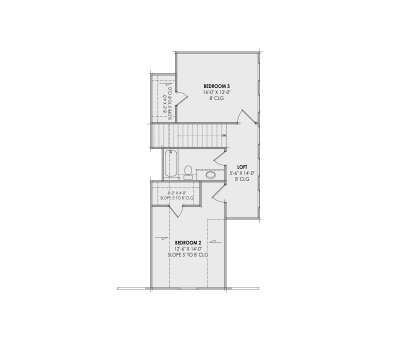 Second Floor: 2 BR, 1 BA, Loft, stairs. Sloped ceilings (5' to 8') in bedrooms. 8' ceilings in loft and BR 3. House Plan # 7983-00198 Second Floor Floor Plan Drawing by America's Best House Plans, Inc.