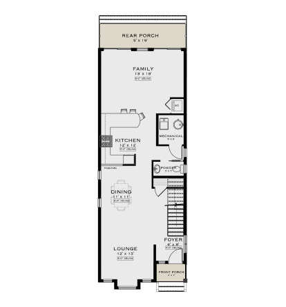 Main Floor: Lounge, Dining, Kitchen, Family, Powder, Ldry, Foyer, Stairs, Front & Rear Porches. 9' ceilings throughout. House Plan # 5984-00070 Main Floor  Floor Plan Drawing by America's Best House Plans, Inc.