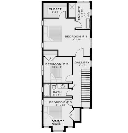 Second Floor: 3BR, 2BA, Gallery, WIC in BR1, closets in BR2/3, stairs. Raised ceiling in BR3. House Plan # 5984-00070 Second Floor Floor Plan Drawing by America's Best House Plans, Inc.