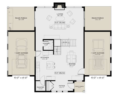 Main Floor: 1BA, Kitchen, Dining, Living, Foyer, Pantry, 2 1-car garages, 2 Rear Porches, Front Porch, Fireplace, Stairs. House Plan # 5984-00071 Main Floor  Floor Plan Drawing by America's Best House Plans, Inc.