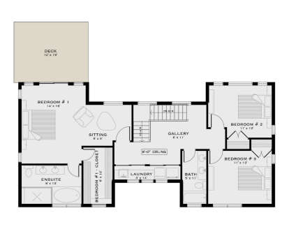 Second Floor: 3BR, 2BA, Sitting, Gallery, Ldry, WIC. Deck. Stairs. 8' ceilings. Unheated: deck. House Plan # 5984-00071 Second Floor Floor Plan Drawing by America's Best House Plans, Inc.