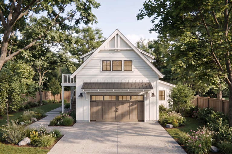 White Modern Farmhouse, Front Elevation, horizontal siding, metal shed roof, wood garage doors, sconces, lush landscaping. House Plan # 7011-00021 Digital Rendering by America's Best House Plans, Inc.