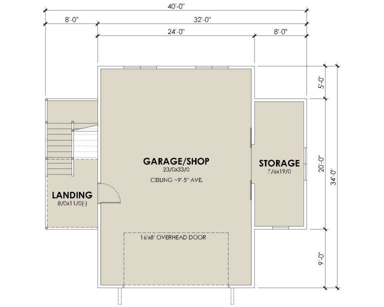 Main Floor: Garage/Shop, Storage room, exterior landing with stairs, 16'x8' overhead door, 9'-5" average ceiling height. House Plan # 7011-00021 Main Floor  Floor Plan Drawing by America's Best House Plans, Inc.