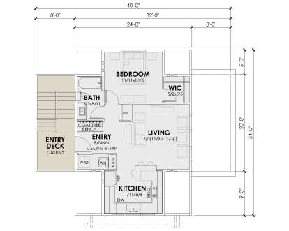 Second Floor: 1BR, 1BA, Living, Kitchen, WIC, Entry, Ldry, Pantry, Linen closet, Coat bench, Entry Deck with stairs. House Plan # 7011-00021 Second Floor Floor Plan Drawing by America's Best House Plans, Inc.