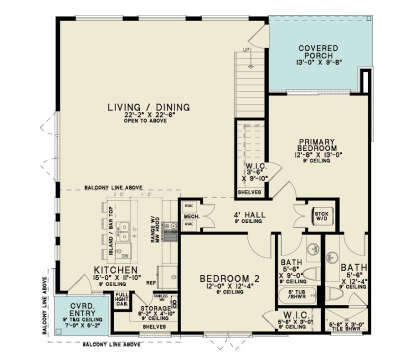 Main Floor: 2BR, 2BA, Kitchen, Living/Dining (open to above), 2 WIC, Ldry, Storage, Stairs, Covered Porch & Entry. House Plan # 8318-00493 Main Floor  Floor Plan Drawing by America's Best House Plans, Inc.