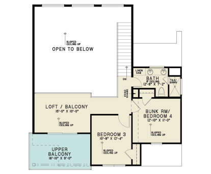Second Floor: 2 BR, 1 BA, Loft/Balcony, Open to below, Stairs, Upper Balcony. Sloped ceilings. Unheated: Upper Balcony. House Plan # 8318-00493 Second Floor Floor Plan Drawing by America's Best House Plans, Inc.