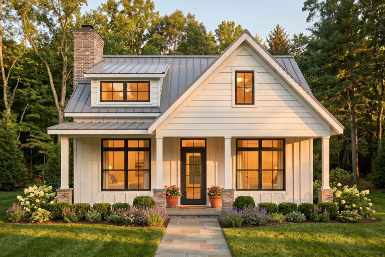 White Cottage, Front Elevation, board-and-batten siding, metal roof, brick chimney, stone path, and lit warm windows. House Plan # 1958-00076 Digital Rendering by America's Best House Plans, Inc.