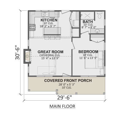 Main Floor: 1BR, 1BA, Kitchen, Great Room, Covered Porch. 10' ceilings, Cathedral ceiling in Great Room, Fireplace. House Plan # 1958-00076 Main Floor  Floor Plan Drawing by America's Best House Plans, Inc.