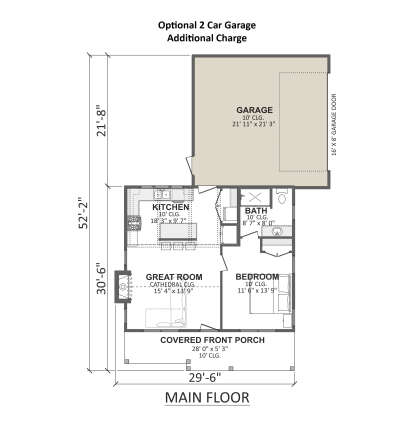 Main Floor w/ Optional 2 Car Garage: 1BR, 1BA, Kitchen, Great Room w/ fireplace, Covered Porch. 10' ceilings, Cathedral clg. House Plan # 1958-00076 Main Floor w/ Optional 2 Car Garage Floor Plan Drawing by America's Best House Plans, Inc.