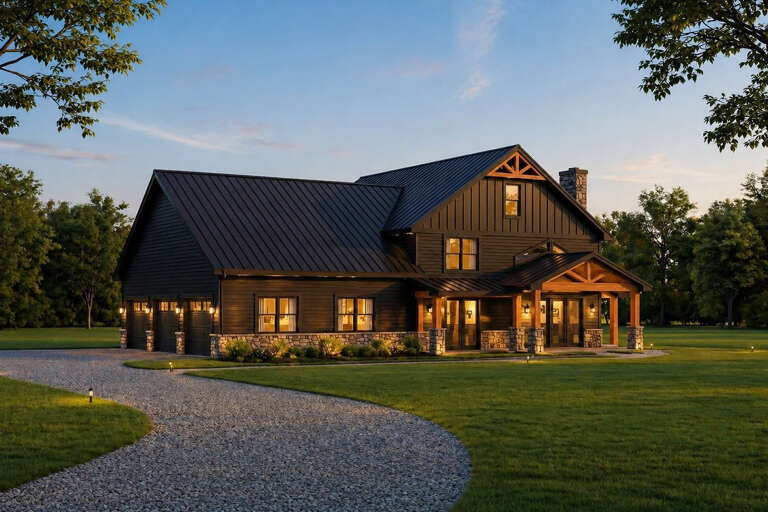 Black Barndominium, Angled Front Elevation, metal roof, stone base, timber porch, lit windows, and gravel driveway. House Plan # 402-01915 Digital Rendering by America's Best House Plans, Inc.