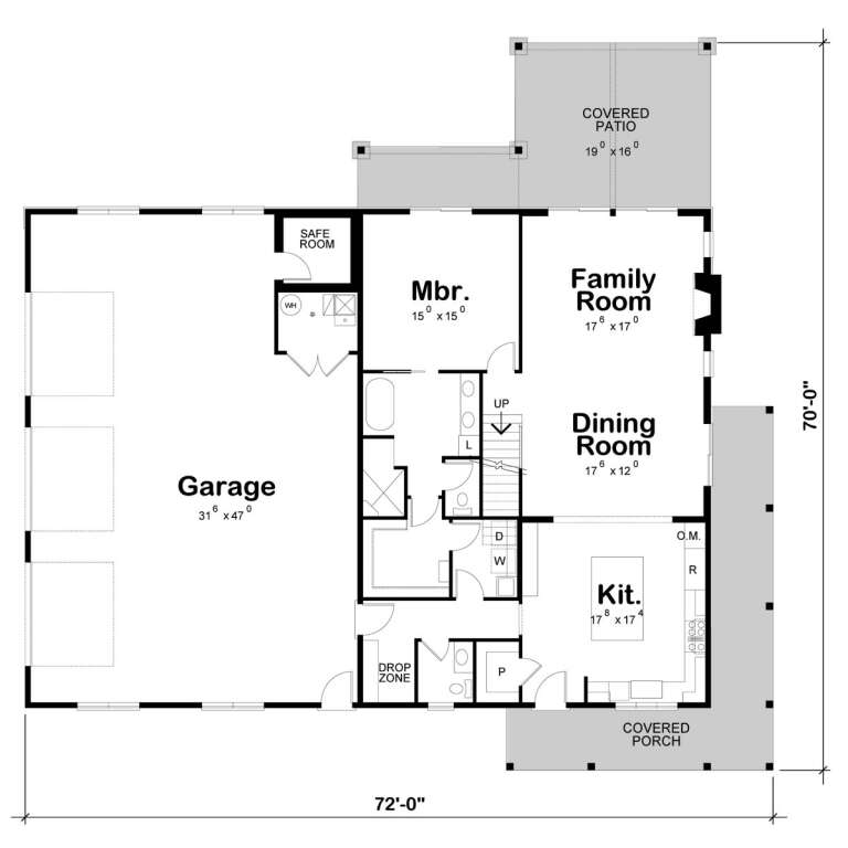1BR, 2BA, Kitchen, Dining, Family, Safe Room, Ldry, Drop Zone, Pantry, 3-car garage, stairs, covered patio, covered porch. House Plan # 402-01915 Floor Plan Drawing by America's Best House Plans, Inc.