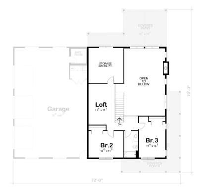 2BR, 1BA, Loft, Storage, Open to below, Stairs. Unheated: Garage, Safe Room, Covered Patio, Covered Porch. House Plan # 402-01915 Floor Plan Drawing by America's Best House Plans, Inc.