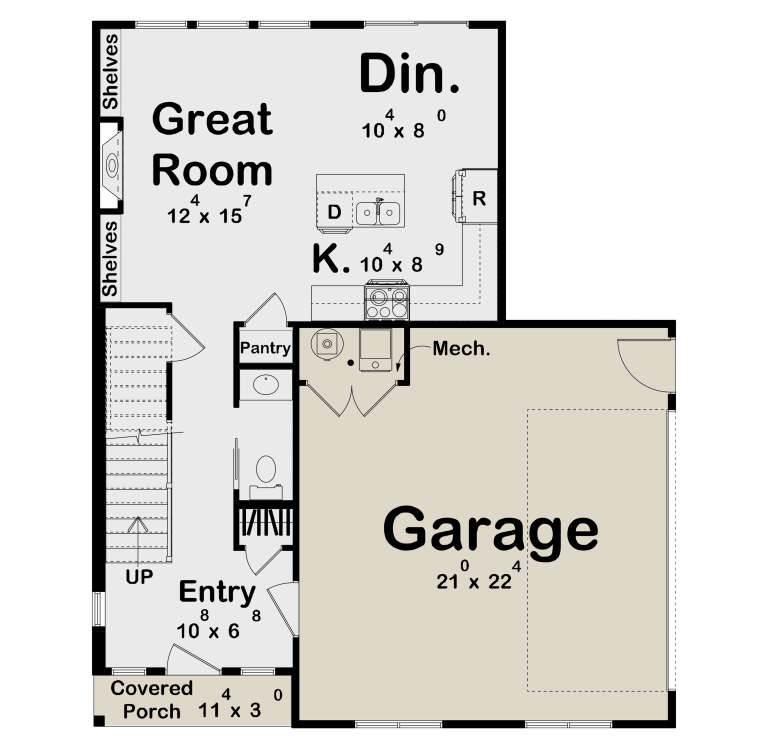 Main Floor: Great Room, Dining, Kitchen, Pantry, 1/2 Bath, Entry, 2-car Garage, Stairs, Covered Porch, Mech room. House Plan # 963-01313 Main Floor  Floor Plan Drawing by America's Best House Plans, Inc.