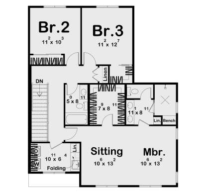 Second Floor: 3BR, 2BA, Mbr with Sitting area, Ldry/Folding room, WIC, Linen closets, stairs. House Plan # 963-01313 Second Floor Floor Plan Drawing by America's Best House Plans, Inc.