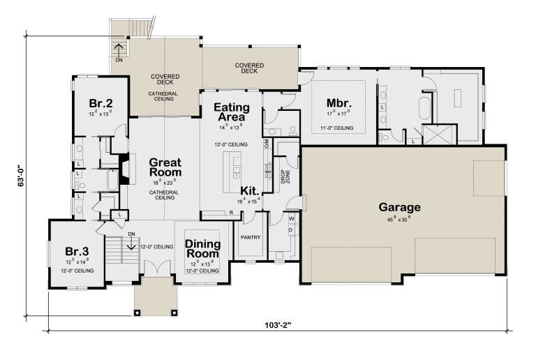 Main Floor: 3BR, 2.5BA, Great Rm, Kitchen, Dining, Brkfst, Pantry, Ldry, 3-car garage, 2 Covered Decks, Cathedral ceilings. House Plan # 402-01916 Main Floor  Floor Plan Drawing by America's Best House Plans, Inc.
