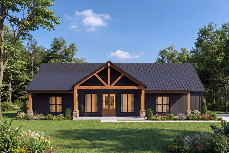 Black Modern Farmhouse, Front Elevation with metal roof, wood timber accents, stone-based columns, and lush landscaping. House Plan # 4534-00166 Digital Rendering by America's Best House Plans, Inc.