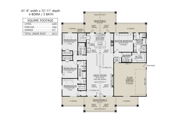 Main Floor: 4BR, 3BA, Great Rm, Kitchen, Hidden Pantry, Mud Rm, Ldry, 2-car garage, 2 Porches. Vaulted ceilings, Fireplace. House Plan # 4534-00166 Main Floor  Floor Plan Drawing by America's Best House Plans, Inc.