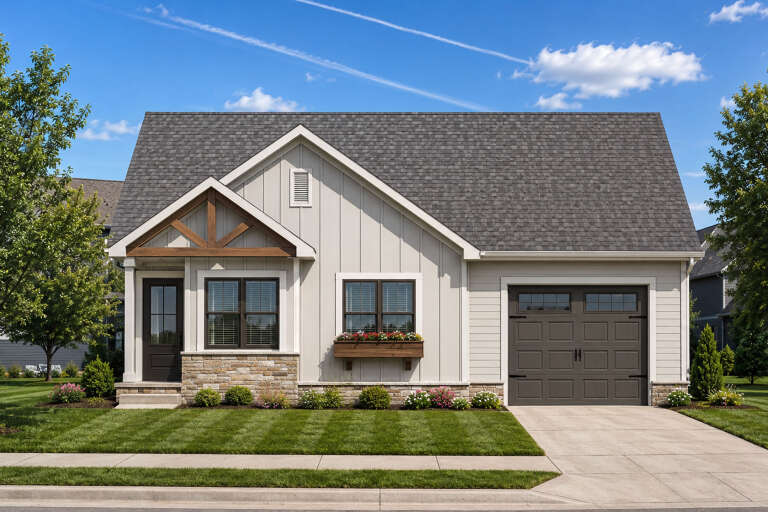Beige Craftsman, Front Elevation with board-and-batten siding, stone base, timber gable, flower box, and paved driveway. House Plan # 402-01917 Digital Rendering by America's Best House Plans, Inc.