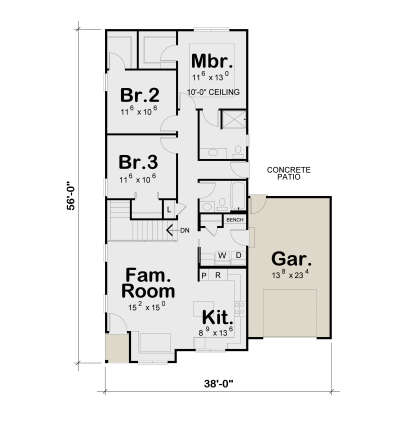 Main Floor: 3BR, 2BA, Fam. Room, Kitchen, Ldry, 1-car garage, Patio, stairs, WIC. 10' ceiling in Mbr. Unheated: garage, patio. House Plan # 402-01917 Main Floor  Floor Plan Drawing by America's Best House Plans, Inc.