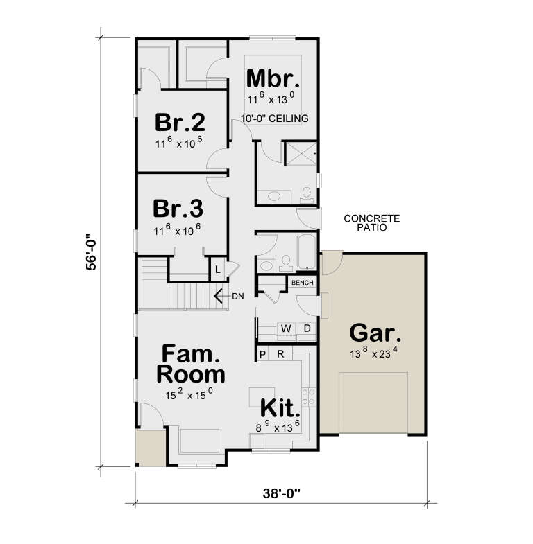 Main Floor: 3BR, 2BA, Fam. Room, Kitchen, Ldry, 1-car garage, Patio, stairs, WIC. 10' ceiling in Mbr. Unheated: garage, patio. House Plan # 402-01917 Main Floor  Floor Plan Drawing by America's Best House Plans, Inc.