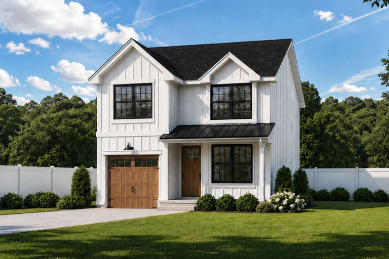 White Modern Farmhouse, Angled Front Elevation, board-and-batten siding, black metal roof, wood door, and lush landscaping. House Plan # 402-01918 Digital Rendering by America's Best House Plans, Inc.