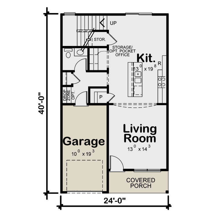Main Floor: Living Room, Kitchen, Pantry, Drop Zone, Half BA, Stairs, Storage/Pocket Office, 1-car Garage, Covered Porch. House Plan # 402-01918 Main Floor  Floor Plan Drawing by America's Best House Plans, Inc.